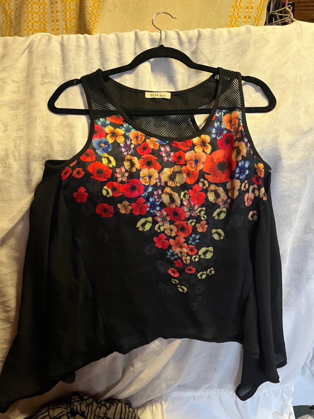 Black Cold-Shoulder Floral Tank Top with Netting Around the Neck 18”PTP